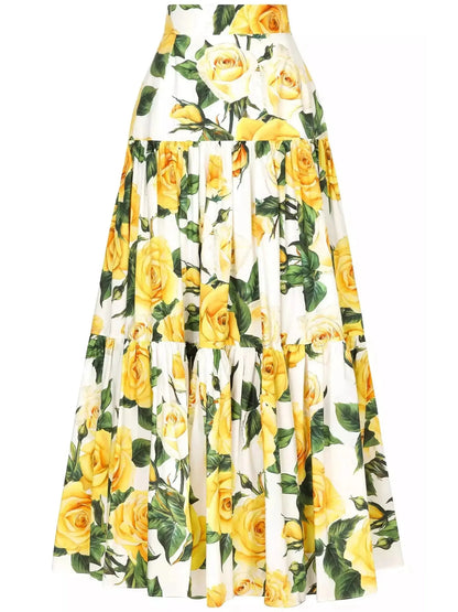 Yellow Rose Printed Bardot-Neck Crop Top and Long Skirt Set - Branna Couture