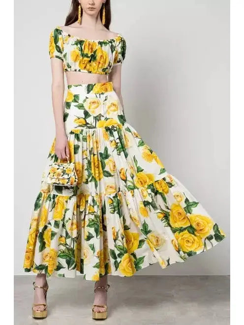 Yellow Rose Printed Bardot-Neck Crop Top and Long Skirt Set - Branna Couture