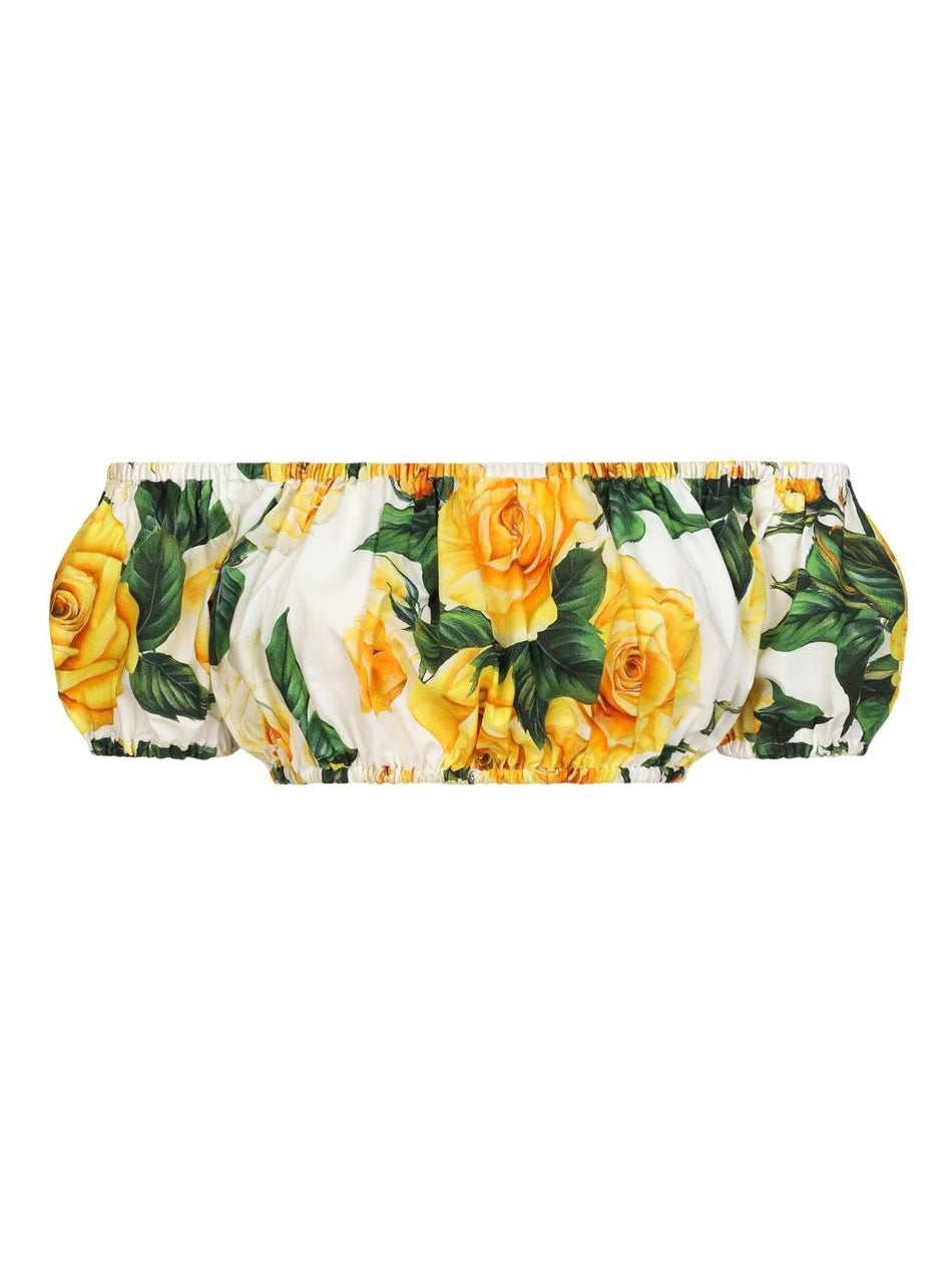 Yellow Rose Printed Bardot Neck Crop Top and Skirt Set - Branna Couture