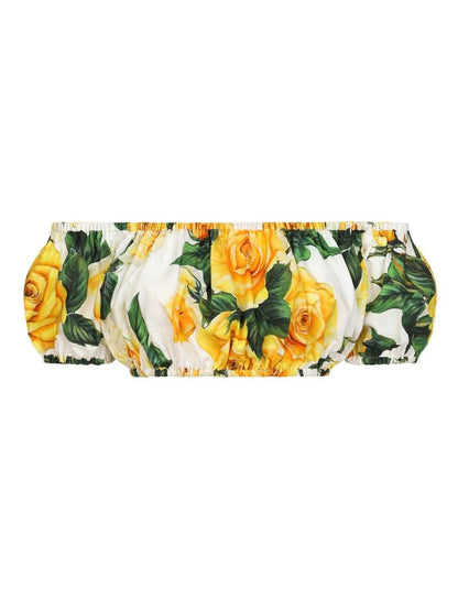 Yellow Rose Printed Bardot Neck Crop Top and Skirt Set - Branna Couture