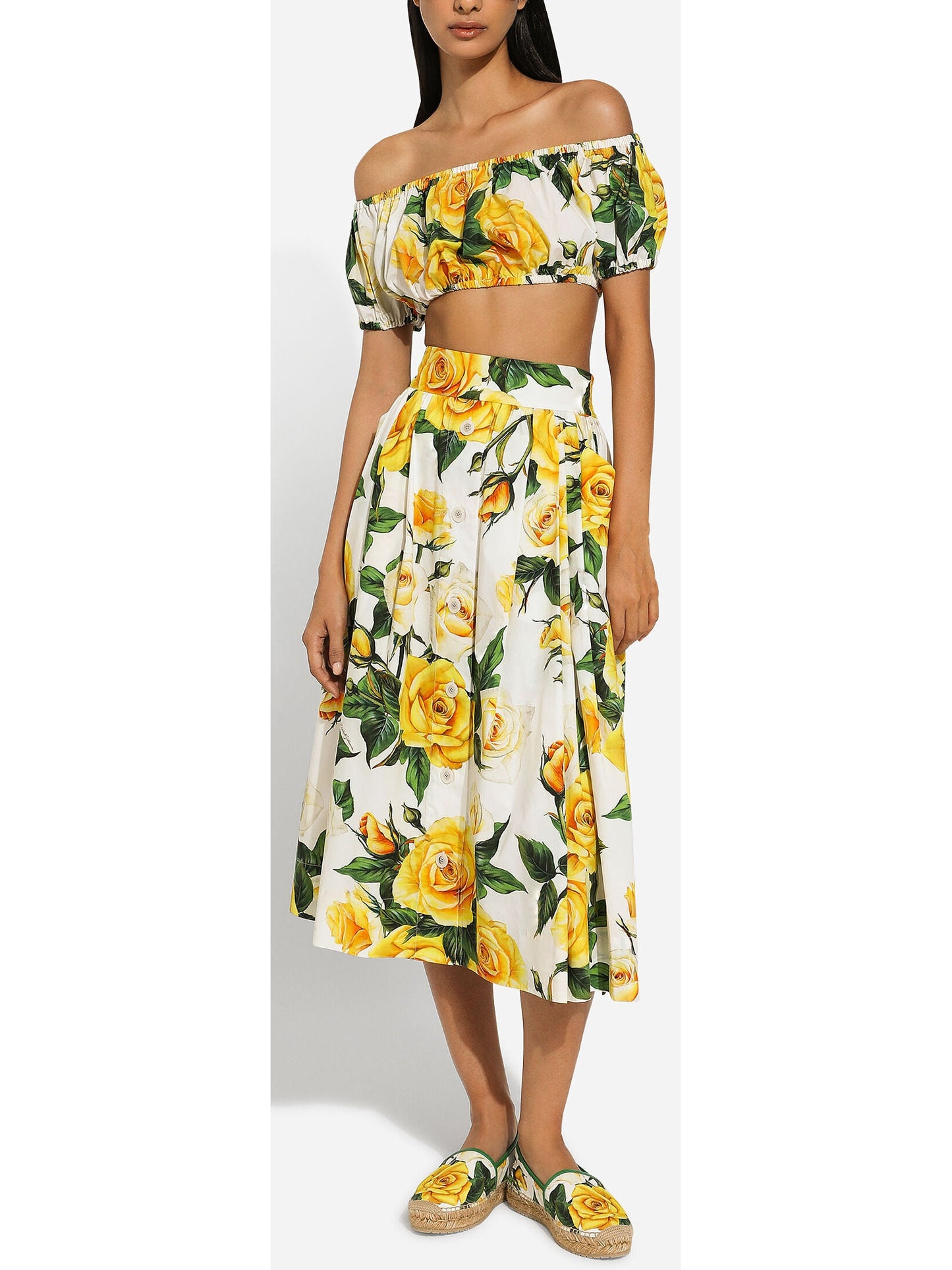 Yellow Rose Printed Bardot Neck Crop Top and Skirt Set - Branna Couture