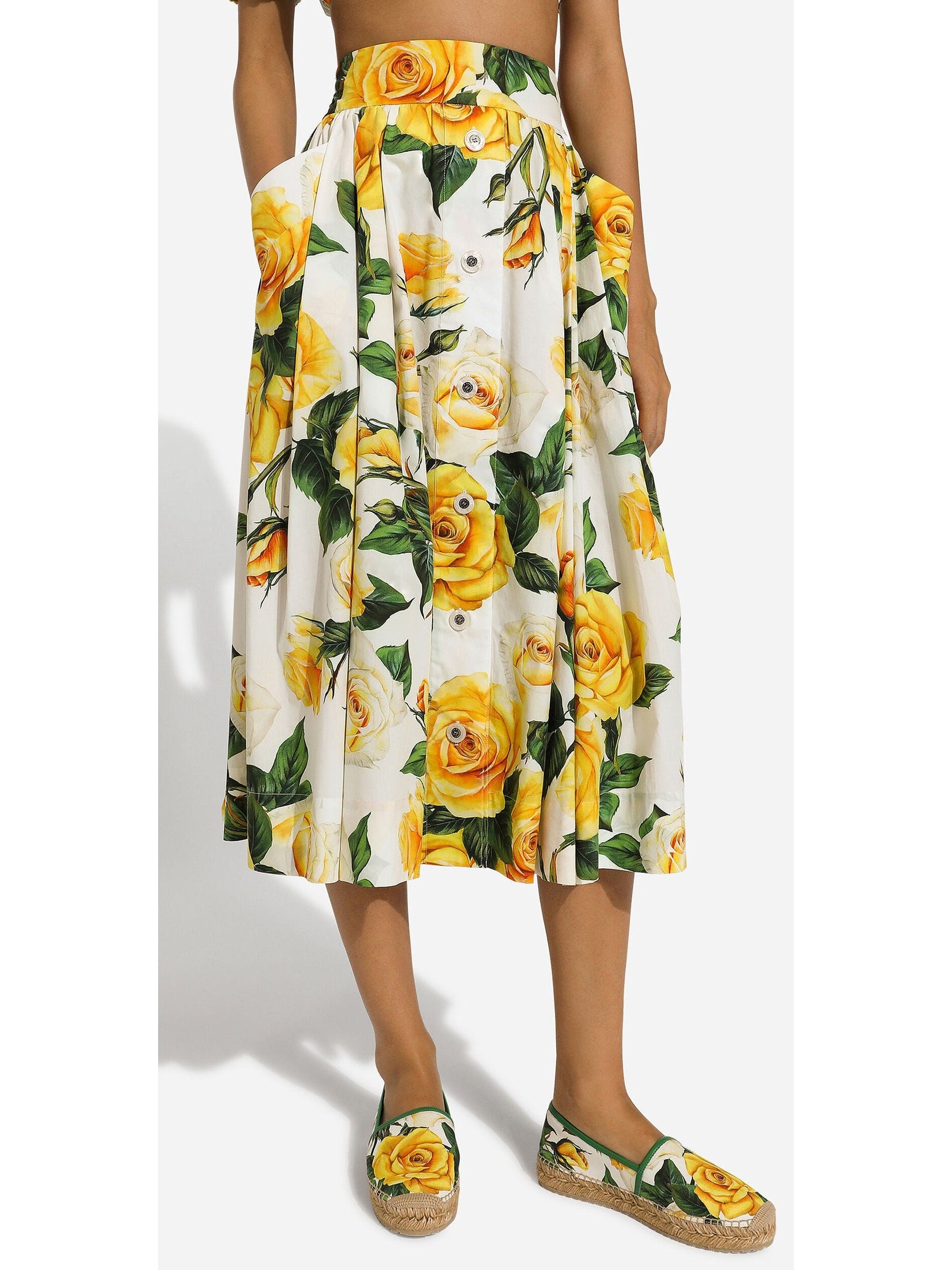 Yellow Rose Printed Bardot Neck Crop Top and Skirt Set - Branna Couture