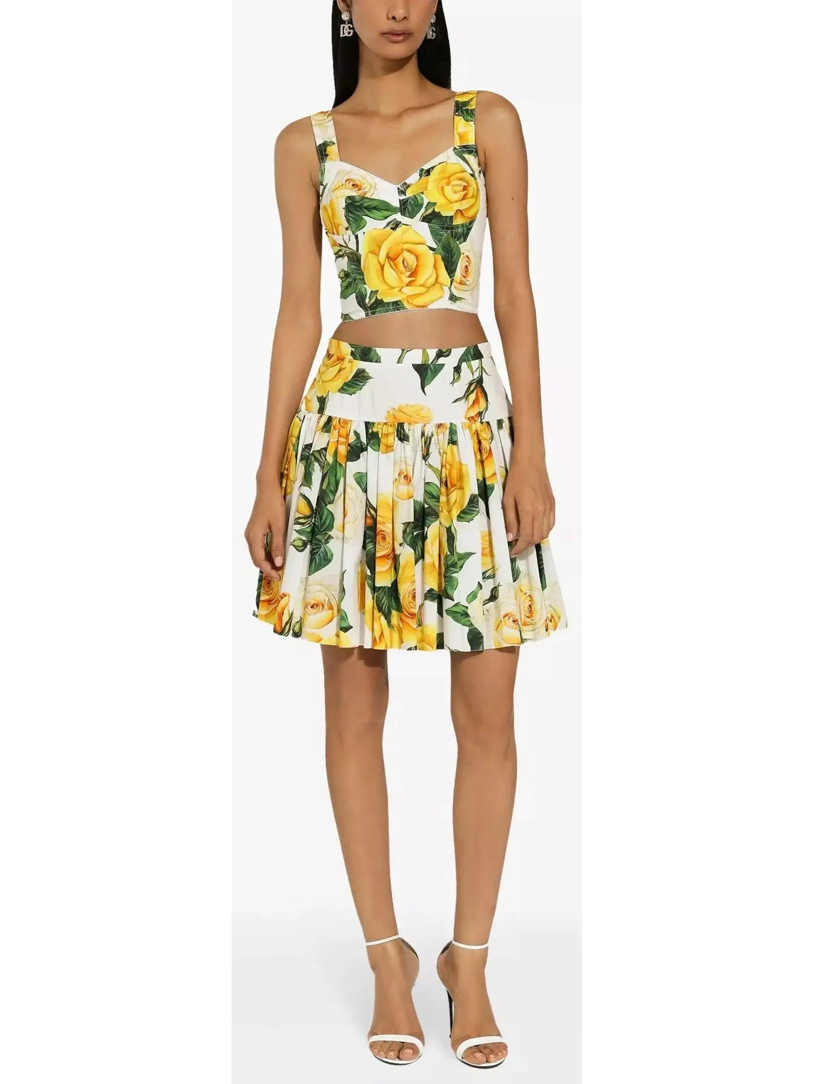 Yellow Rose Printed Cotton Corset Top and Short Circle Skirt Set - Branna Couture