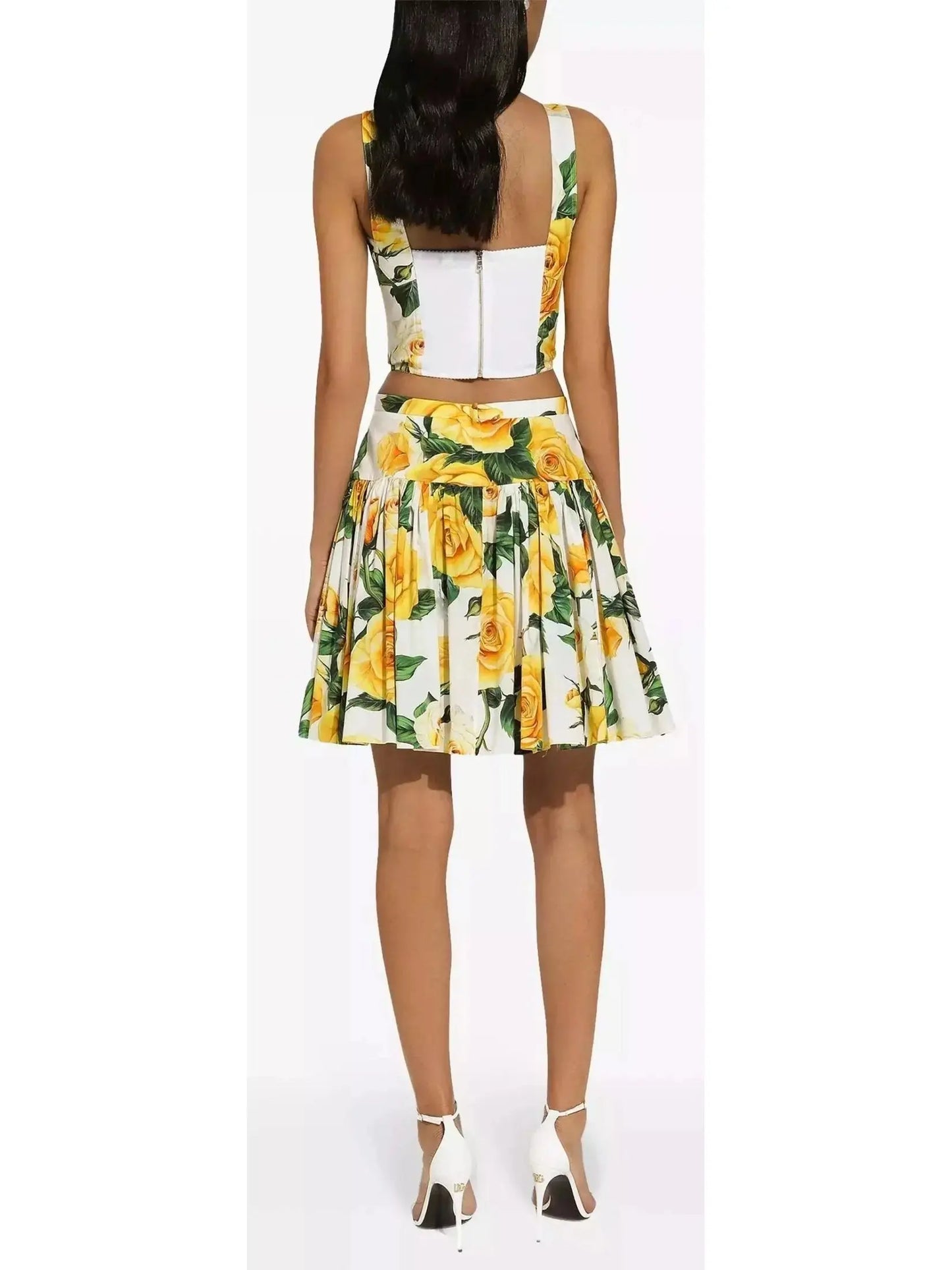 Yellow Rose Printed Cotton Corset Top and Short Circle Skirt Set - Branna Couture