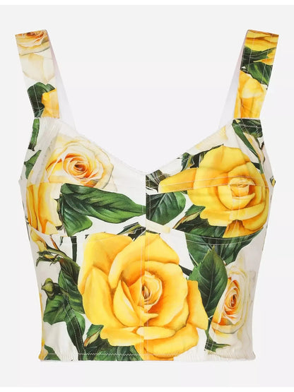 Yellow Rose Printed Cotton Corset Top and Short Circle Skirt Set - Branna Couture