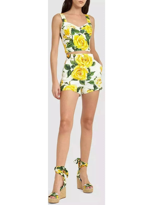 Yellow Rose Printed Cotton Corset Top and Short Set - Branna Couture