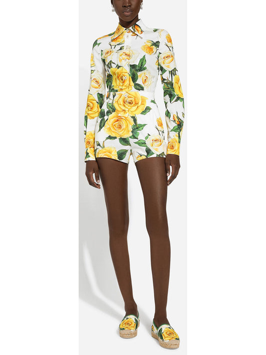 Yellow Rose Printed Long Sleeve Shirt and Short Set - Branna Couture