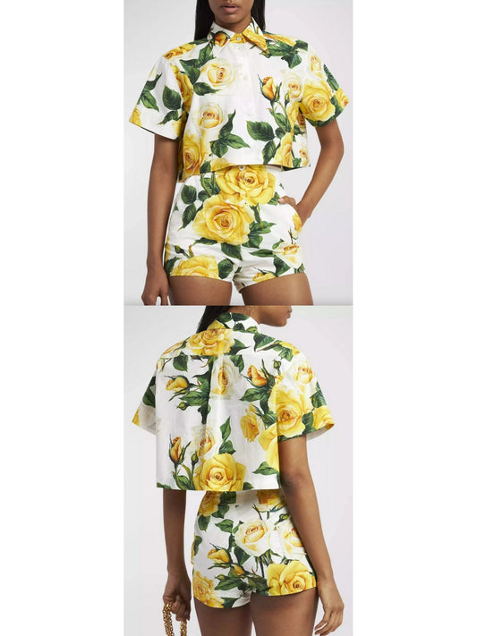 Yellow Rose Printed Short Cotton Shirt and Short Set - Branna Couture