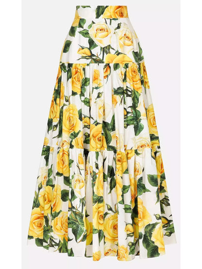 Yellow Rose Printed Silk Short Shirt and Cotton Long Skirt Set - Branna Couture