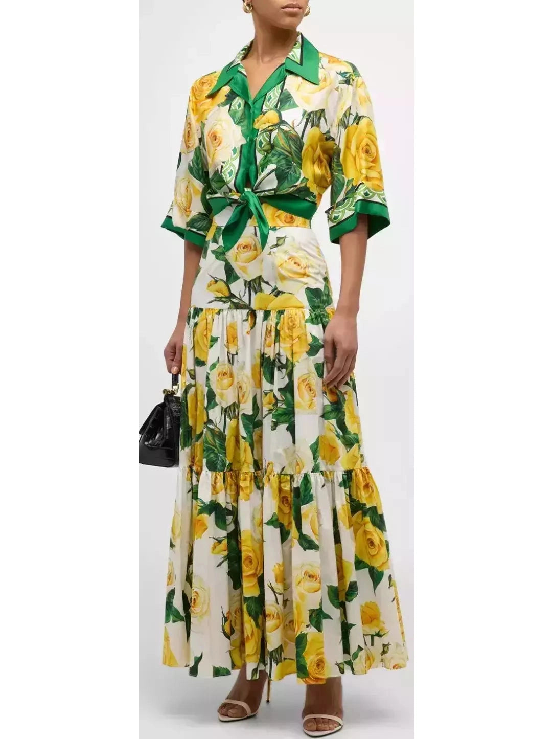 Yellow Rose Printed Silk Short Shirt and Cotton Long Skirt Set - Branna Couture