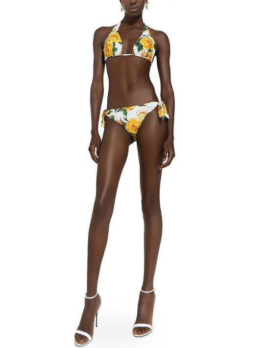 Yellow Rose Printed Triangle Tie Bikini Top and Bottom Set - Branna Couture