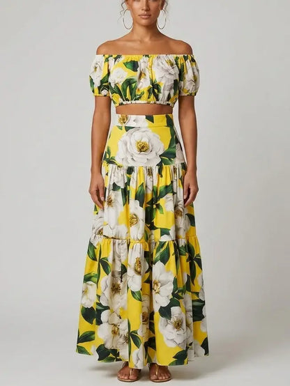 Yellow Floral Bardot Crop Top and Tiered Maxi Skirt Set - S - Suits & Sets