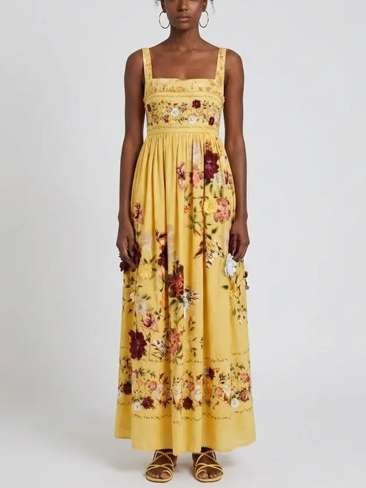 Yellow Floral Cotton Maxi Sundress with Appliqués - S - Dresses