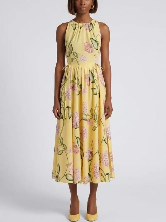 Yellow Floral Cotton Midi Dress with Tie Waist - Small - Dresses
