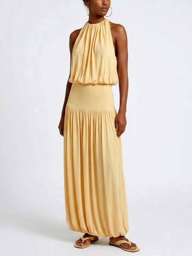 Yellow Gathered Jersey Halter Maxi Dress - XS - Dresses
