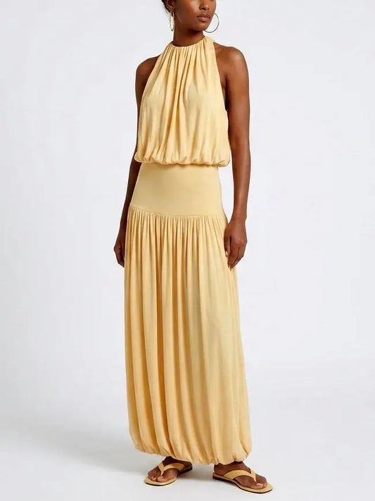 Yellow Gathered Jersey Halter Maxi Dress - XS - Dresses