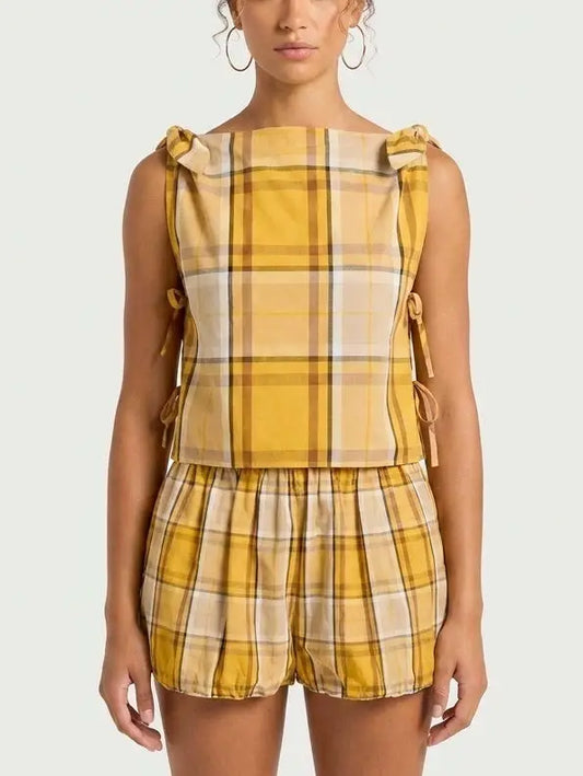 Yellow Plaid Cotton Top and Shorts Set - Small - Suits & Sets