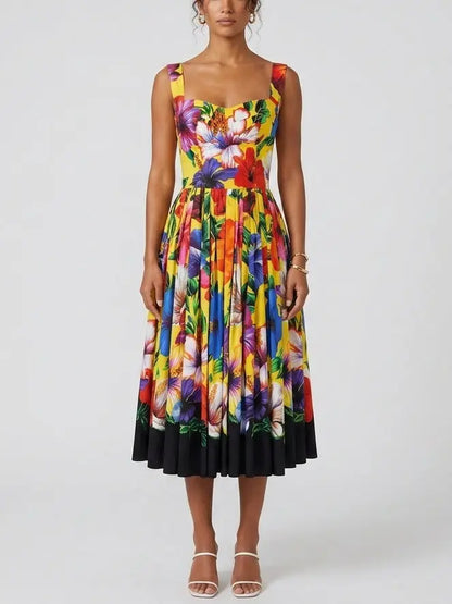 Yellow Tropical Floral Cotton Midi Dress - S - Dresses
