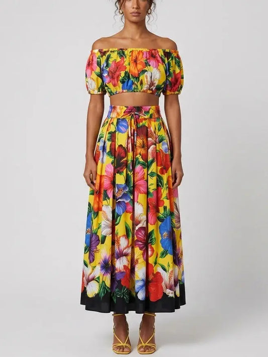 Yellow Tropical Floral Cotton Top and Skirt Set - S - Suits & Sets