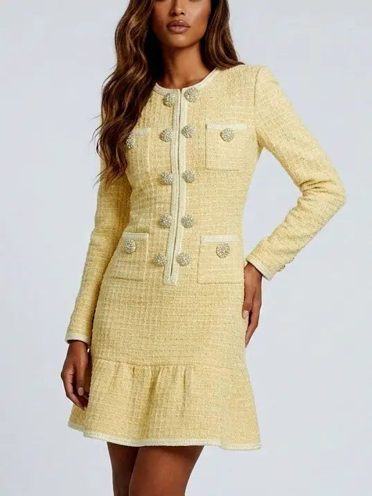 Yellow Button Embellished Waffle Tweed Knit Mini Dress - Dresses