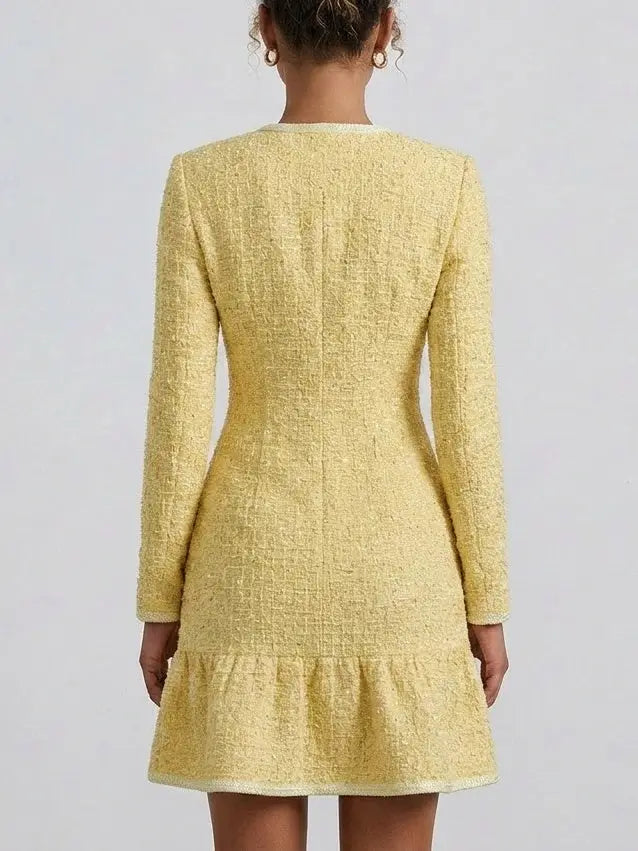 Yellow Button Embellished Waffle Tweed Knit Mini Dress - Dresses