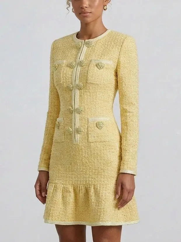 Yellow Button Embellished Waffle Tweed Knit Mini Dress - Dresses