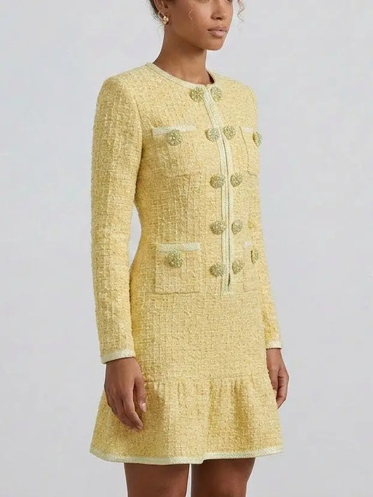 Yellow Button Embellished Waffle Tweed Knit Mini Dress - Dresses