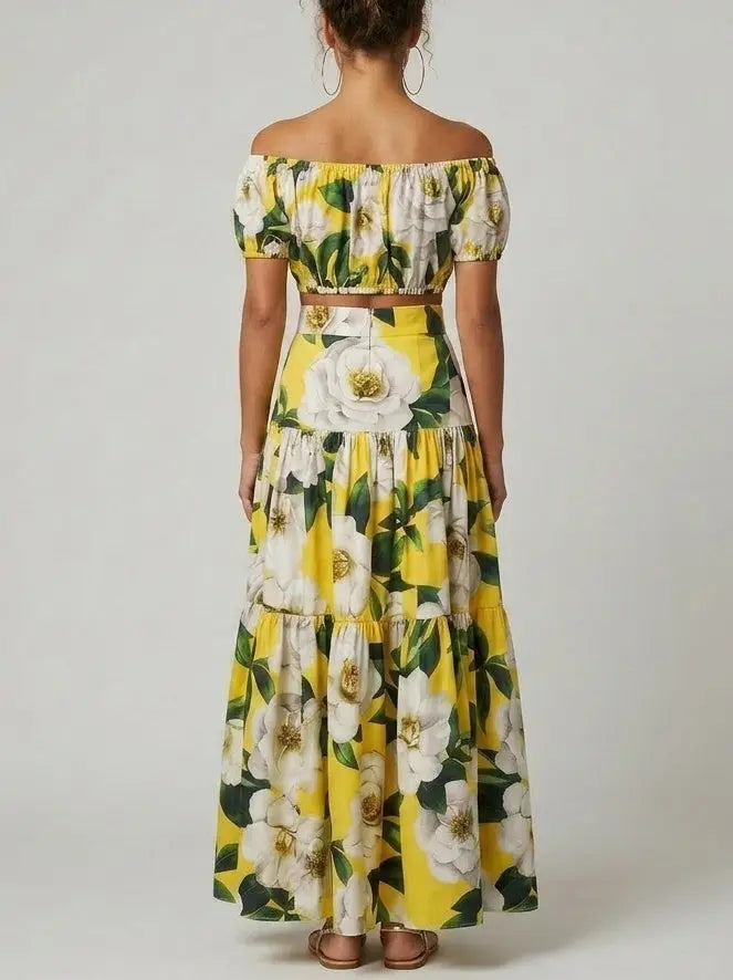 Yellow Floral Bardot Crop Top and Tiered Maxi Skirt Set - Suits & Sets