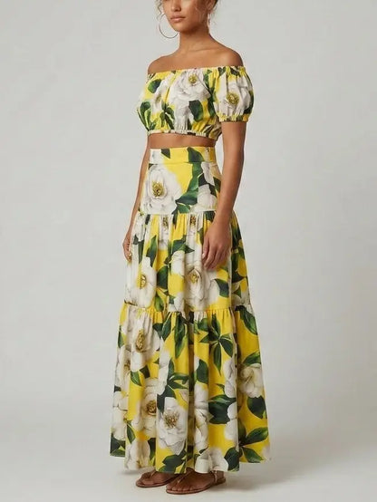 Yellow Floral Bardot Crop Top and Tiered Maxi Skirt Set - Suits & Sets