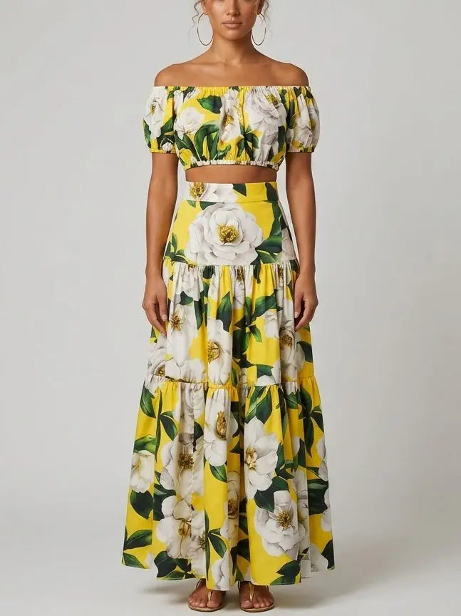 Yellow Floral Bardot Crop Top and Tiered Maxi Skirt Set - Suits & Sets