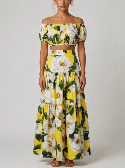 Yellow Floral Bardot Crop Top and Tiered Maxi Skirt Set - Suits & Sets