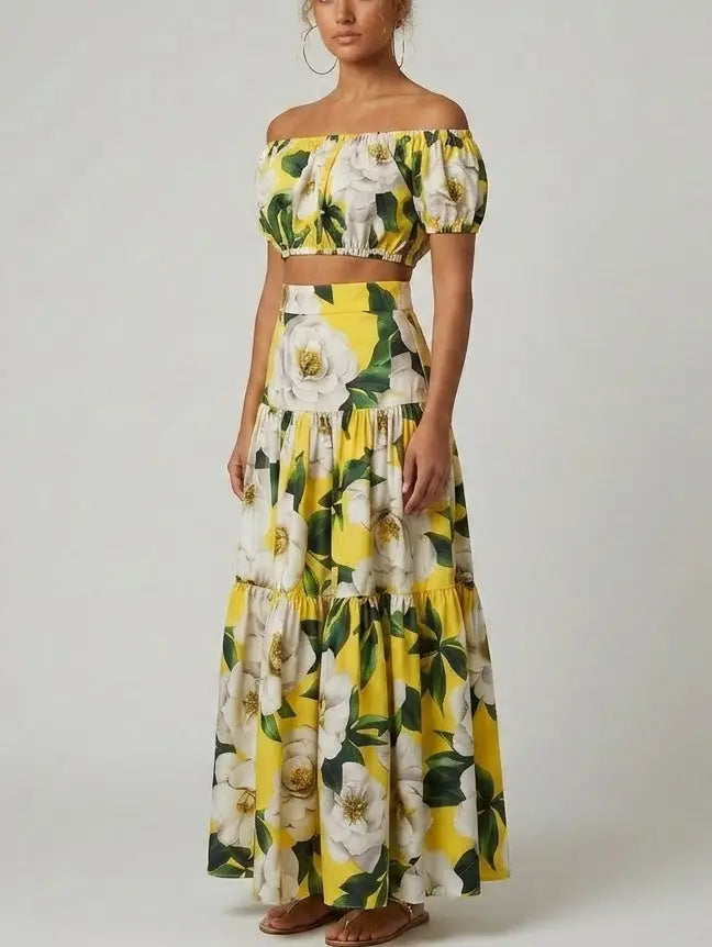 Yellow Floral Bardot Crop Top and Tiered Maxi Skirt Set - Suits & Sets