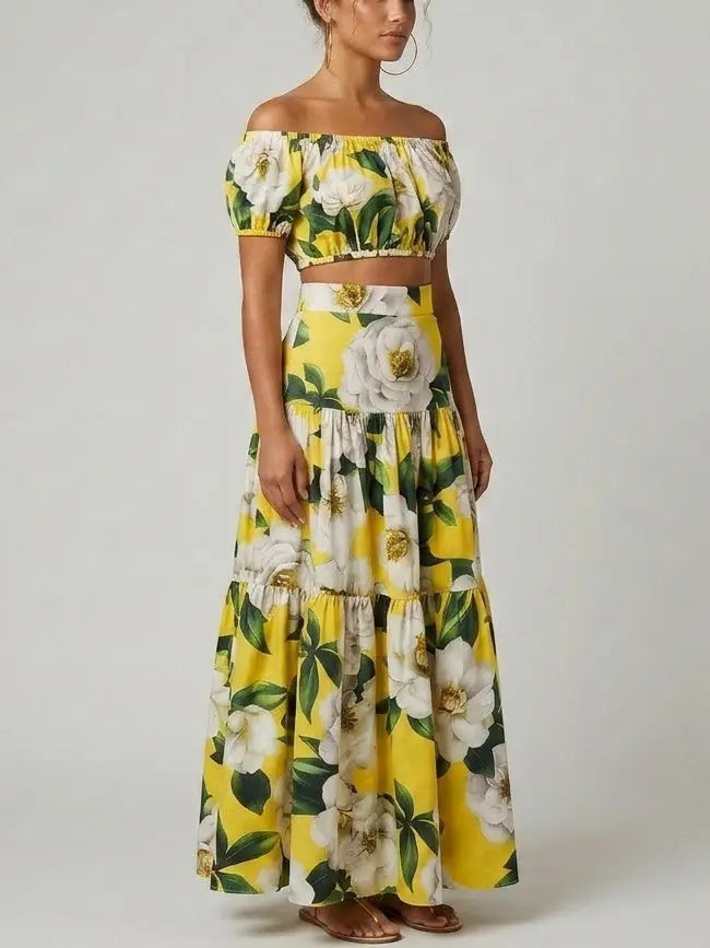 Yellow Floral Bardot Crop Top and Tiered Maxi Skirt Set - Suits & Sets