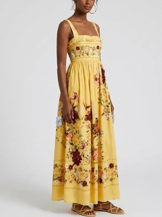 Yellow Floral Cotton Maxi Sundress with Appliqués - Dresses