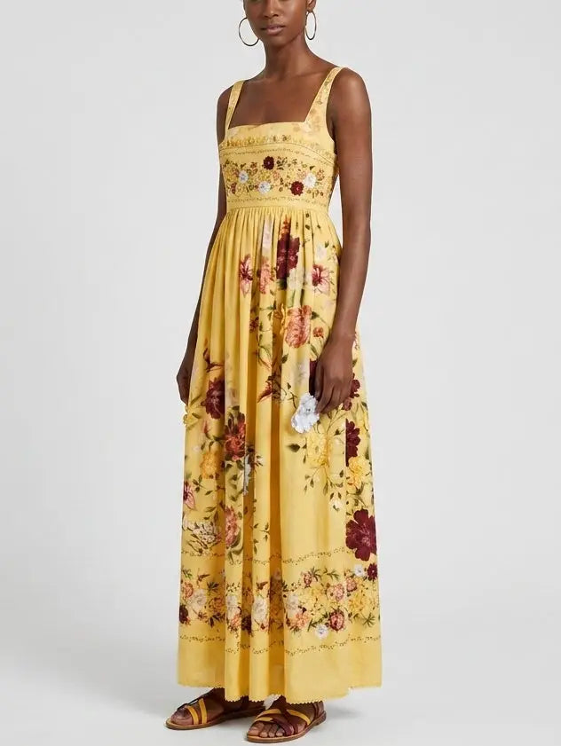 Yellow Floral Cotton Maxi Sundress with Appliqués - Dresses