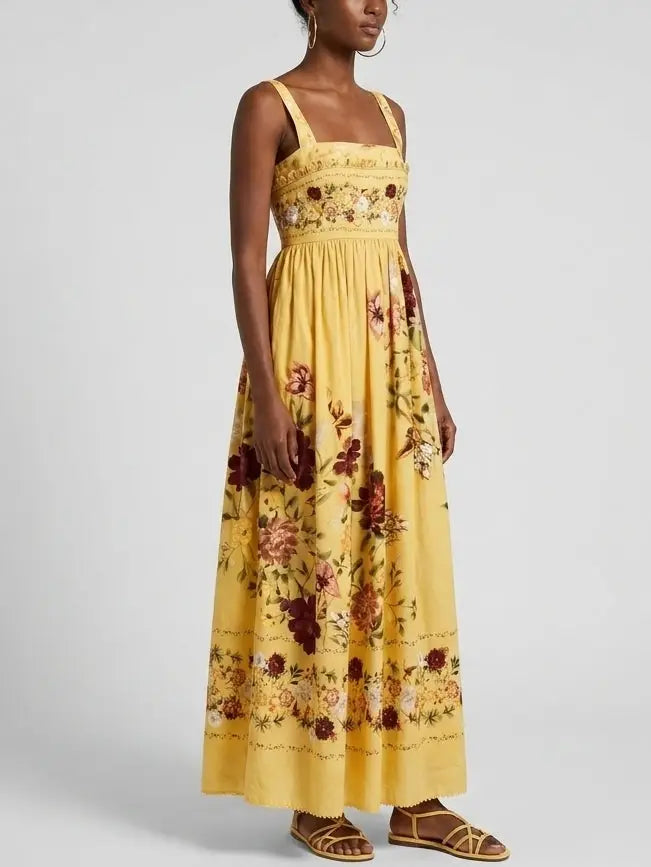 Yellow Floral Cotton Maxi Sundress with Appliqués - Dresses