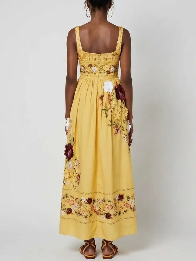 Yellow Floral Cotton Maxi Sundress with Appliqués - Dresses