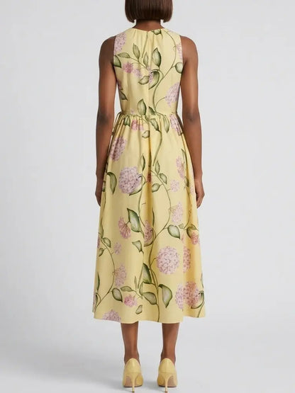 Yellow Floral Cotton Midi Dress with Tie Waist - Dresses