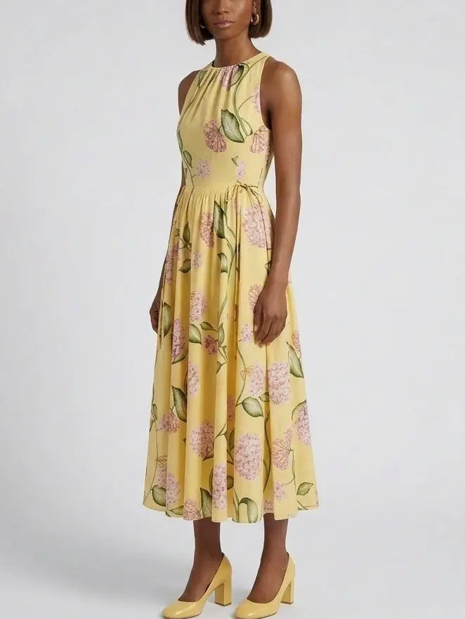 Yellow Floral Cotton Midi Dress with Tie Waist - Dresses