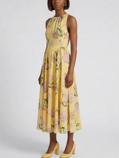 Yellow Floral Cotton Midi Dress with Tie Waist - Dresses