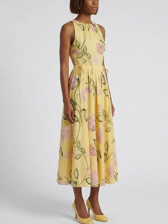 Yellow Floral Cotton Midi Dress with Tie Waist - Dresses