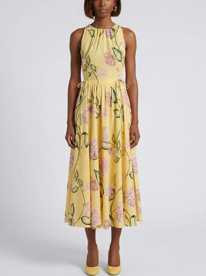 Yellow Floral Cotton Midi Dress with Tie Waist - Dresses
