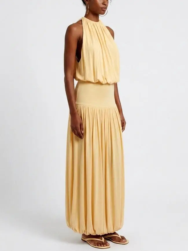 Yellow Gathered Jersey Halter Maxi Dress - Dresses