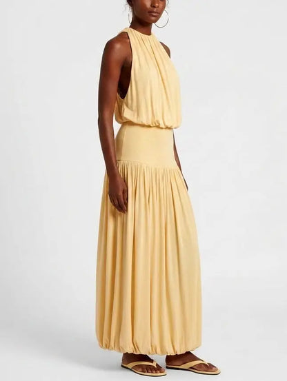 Yellow Gathered Jersey Halter Maxi Dress - Dresses