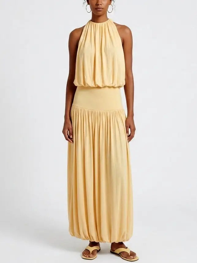 Yellow Gathered Jersey Halter Maxi Dress - Dresses