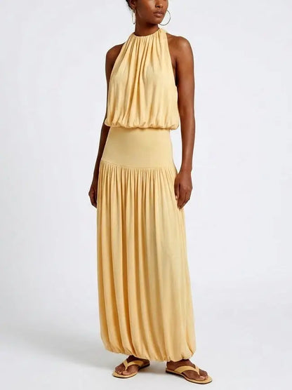 Yellow Gathered Jersey Halter Maxi Dress - Dresses