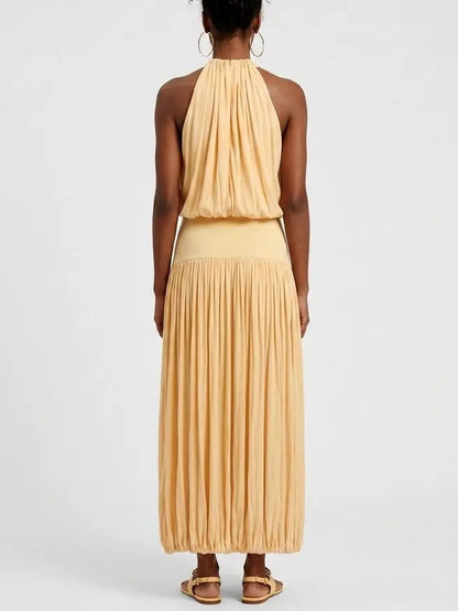 Yellow Gathered Jersey Halter Maxi Dress - Dresses