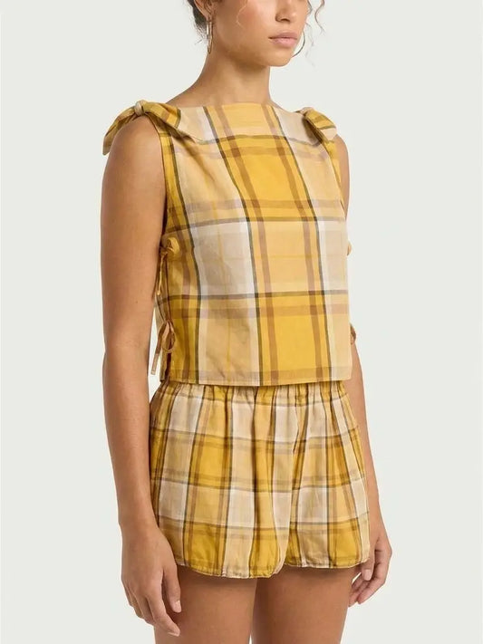 Yellow Plaid Cotton Top and Shorts Set - Suits & Sets