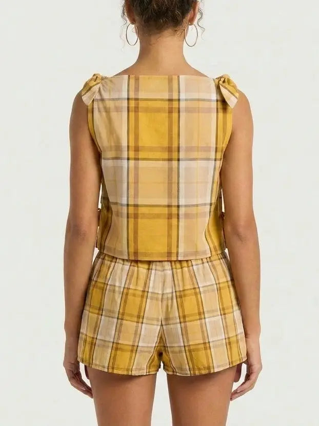 Yellow Plaid Cotton Top and Shorts Set - Suits & Sets