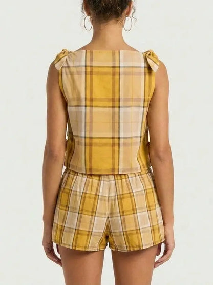 Yellow Plaid Cotton Top and Shorts Set - Suits & Sets